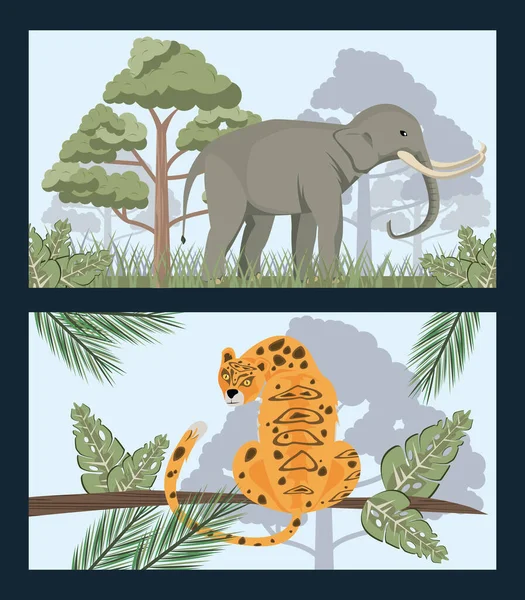 Éléphant sauvage et léopard dans la jungle nature sauvage scène — Image vectorielle