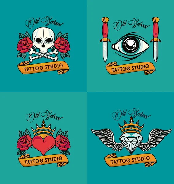 Conjunto de tatuagens coloridas estilos de estúdio — Vetor de Stock