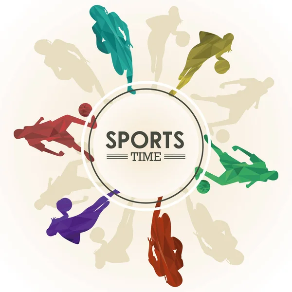 Póster deportivo con figuras de deportistas en marco circular — Vector de stock