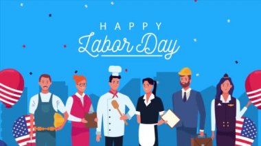 İşçiler ve balonlarla İşçi Bayramı 'nız kutlu olsun. Helyum Amerikan bayrağı.