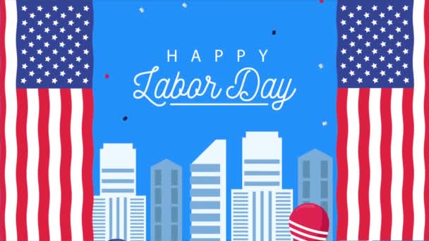 Balonlarla, helyum ve şehir manzarasıyla Amerika bayrağıyla mutlu işçi bayramı kutlamaları. — Stok video