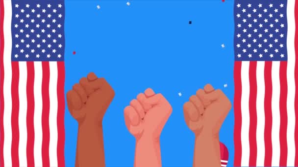 Fröhliche Feier zum Tag der Arbeit mit US-Flagge in Luftballons Helium und geballten Händen — Stockvideo