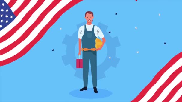 Amerika bayrağı ve inşaatçısıyla mutlu işçi bayramı kutlamaları. — Stok video