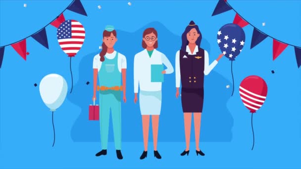 Feliz dia do trabalho celebração com bandeira dos EUA em balões de hélio e trabalhadores — Vídeo de Stock