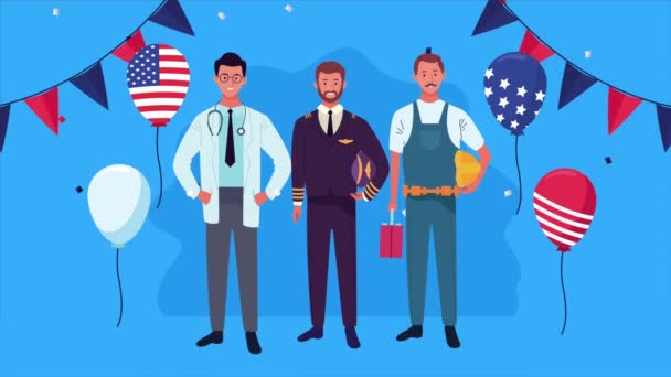 Feliz fiesta del día del trabajo con bandera de EE.UU. en globos helio y trabajadores — Vídeo de stock
