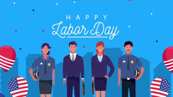 Amerikan bayrağının balonlarla, helyumla ve işçilerle kutlandığı İşçi Bayramı kutlu olsun. — Stok video