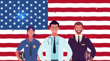 Amerika bayrağındaki işçilerle mutlu işçi bayramı kutlamaları.