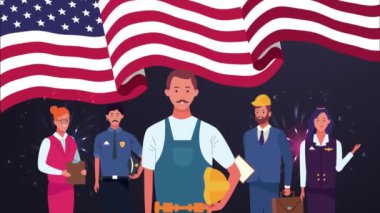 Amerika bayrağındaki işçilerle mutlu işçi bayramı kutlamaları.