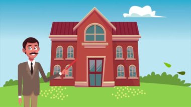 Erkek öğretmen ve bina ile okul animasyonuna