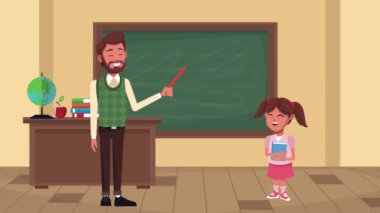 Erkek öğretmen ve kız öğrenciyle okul animasyonuna geri dön.