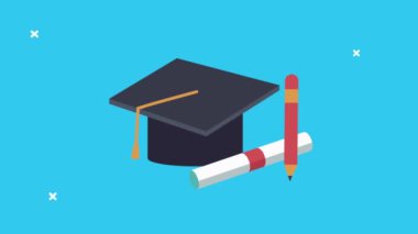 Mezuniyet şapkası ve kalemle okul animasyonuna geri dön.