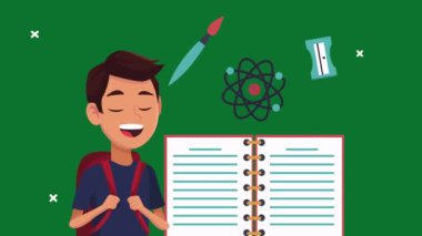 Okul çocuğu ve not defteriyle okul animasyonuna