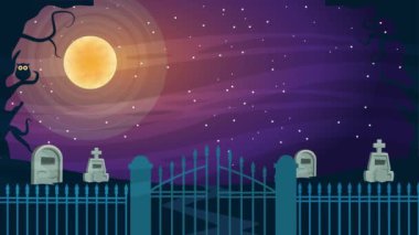 Mezarlıktaki büyülü ağacın olduğu mutlu cadılar bayramı animasyonu sahneleri.