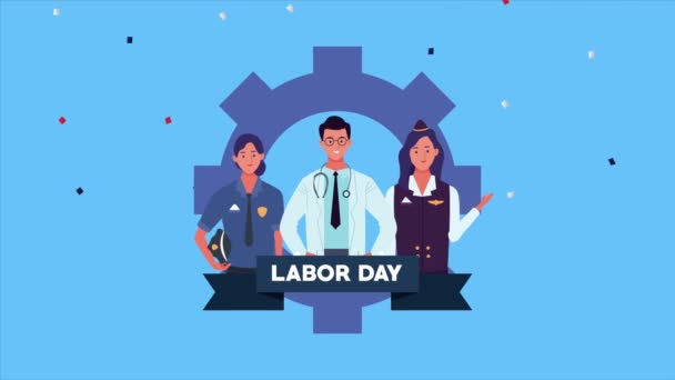 Celebração feliz dia de trabalho com os trabalhadores na máquina de engrenagem — Vídeo de Stock