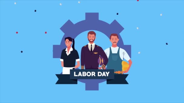 Ευτυχισμένος εορτασμός της ημέρας εργασίας με τους εργαζόμενους σε μηχανή εργαλείων — Αρχείο Βίντεο
