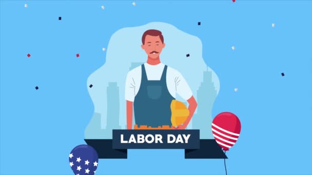 Ευτυχισμένη ημέρα εργασίας γιορτή με οικοδόμος εργαζόμενος — Αρχείο Βίντεο