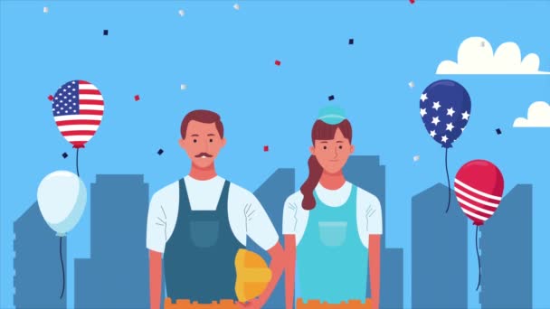 Celebração feliz dia de trabalho com construtores e balões de hélio — Vídeo de Stock