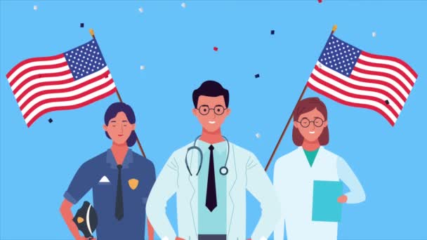 Šťastný svátek práce s pracovníky a vlajkami USA — Stock video