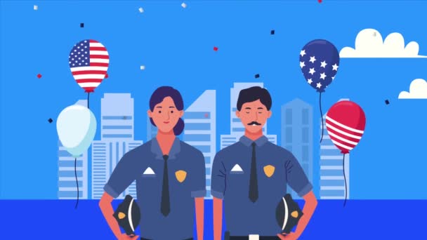 Ευτυχισμένος εορτασμός της ημέρας εργασίας με αστυνομικούς — Αρχείο Βίντεο