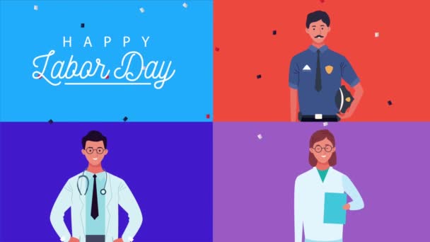 Celebração dia de trabalho feliz com os trabalhadores personagens — Vídeo de Stock