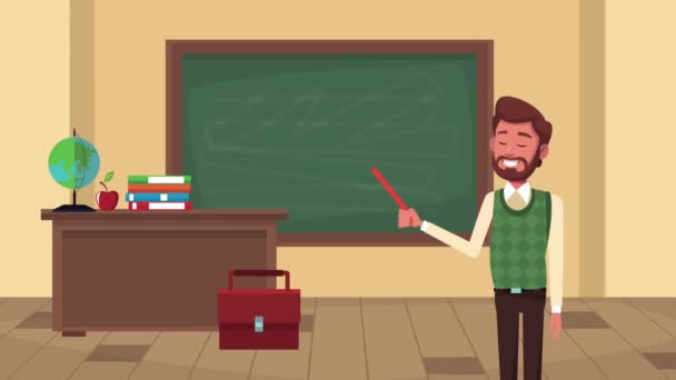 Zurück zur Schulanimation mit männlichem Lehrer im Klassenzimmer — Stockvideo