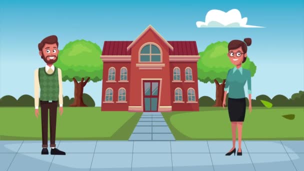 Back to school animation with teachers couple and building — Stock Video