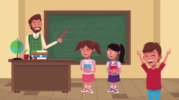 Terug naar school animatie met mannelijke leraar en leerlingen in de klas — Stockvideo