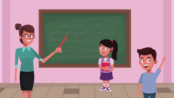 Назад к школьной анимации с учительницей и студентами — стоковое видео