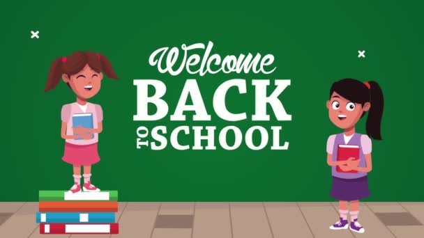 Back to school animation with schoolgirls and chalkboard — Stock Video