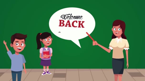 Back to school animation with female teacher and students — Stock Video