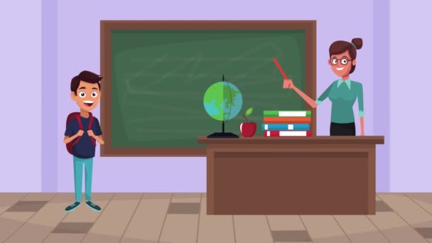 Back to school animation with female teacher and schoolboy in classroom — Stock Video