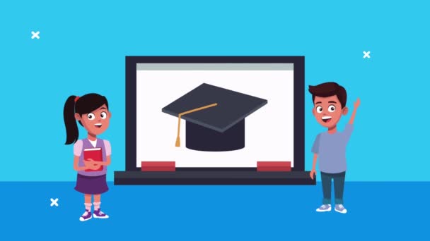 Powrót do szkolnej animacji z dziećmi i laptopem — Wideo stockowe