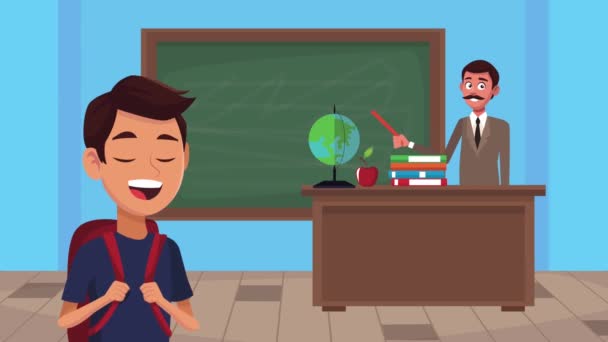 Terug naar school animatie met mannelijke leraar en schooljongen in de klas — Stockvideo