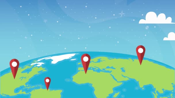 Wereld planeet aarde reizen en pinnen locaties animatie — Stockvideo