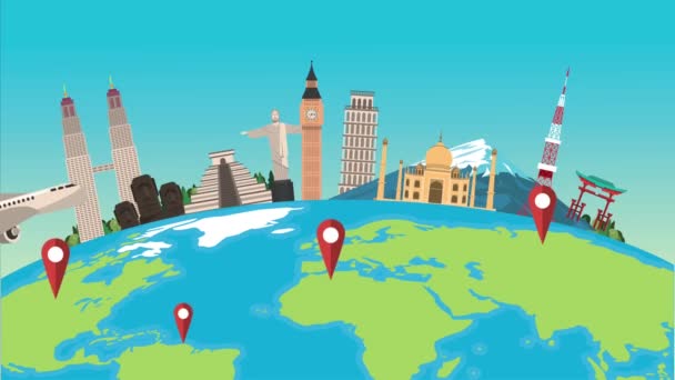 Perjalanan di monumen dunia dan lokasi pin di planet bumi — Stok Video
