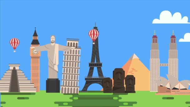 Viajar em monumentos do mundo com balões de ar quente no campo — Vídeo de Stock