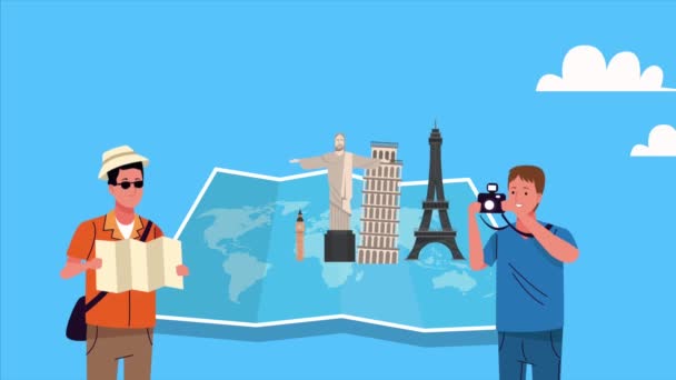 Reizen bij monumenten van de wereld met toeristen op aarde papieren kaart — Stockvideo