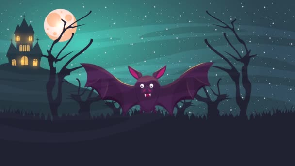 Feliz halloween escena animada con murciélago volando y castillo — Vídeos de Stock