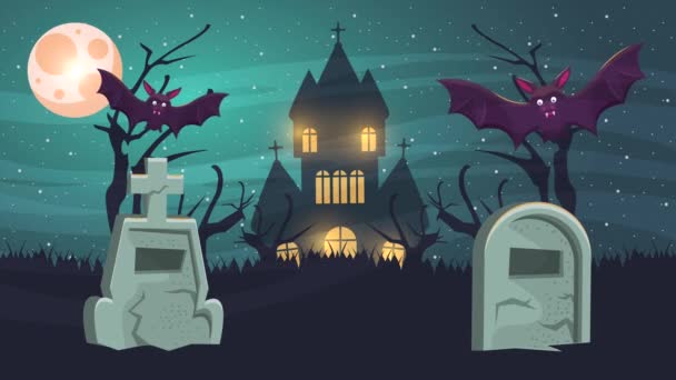 Feliz halloween escena animada con murciélago volando en el cementerio — Vídeos de Stock
