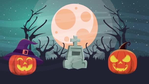 Happy halloween animated scene with pumpkins in cemetery — Stock Video