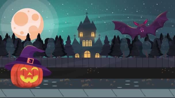 Feliz halloween escena animada con murciélago volando y calabaza — Vídeos de Stock