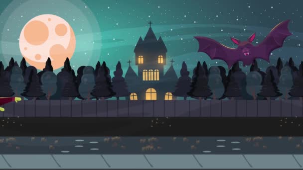 Heureux Halloween scène animée avec chauve-souris volant et château — Video