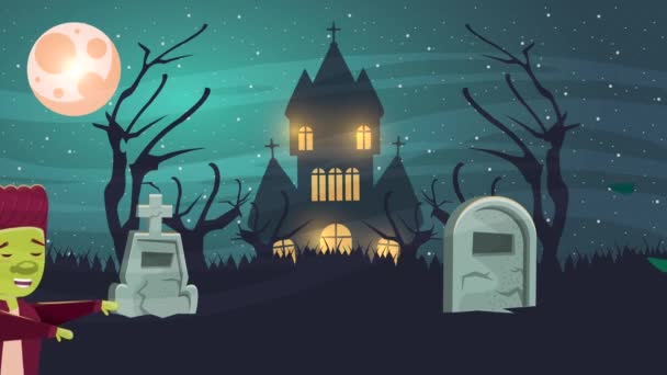 Boldog halloween animációs jelenet Franksteinnel a temetőben — Stock videók