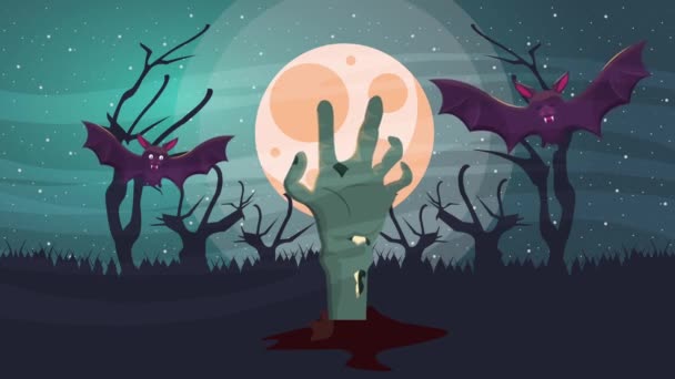 Glad halloween animerad scen med fladdermöss flyger och död hand — Stockvideo