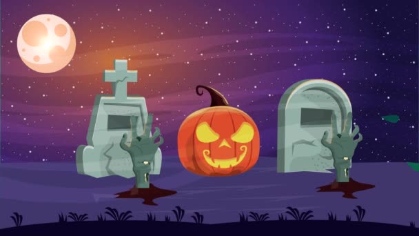 Heureux Halloween scène animée avec citrouille dans le cimetière — Video