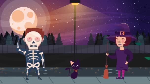 Щасливий Хеллоуїн анімаційна сцена з відьмою і скелетом — стокове відео