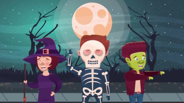 Feliz halloween animada cena com bruxa e esqueleto e frankstein — Vídeo de Stock