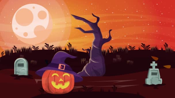 Feliz halloween escena animada con calabaza en el cementerio — Vídeos de Stock