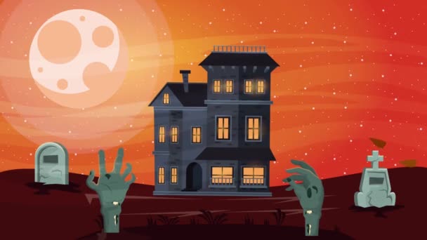 Felice Halloween scena animata con casa infestata e cimitero di notte — Video Stock