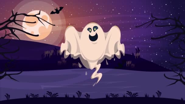 Feliz halloween animada escena con fantasma en la noche — Vídeos de Stock